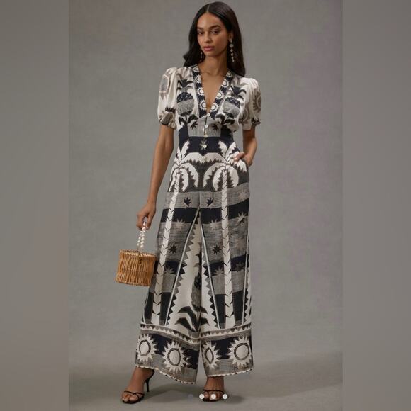 Farm Rio linen tropical print black white v neck puff sleeve jumpsuit SP - Picture 1 of 4